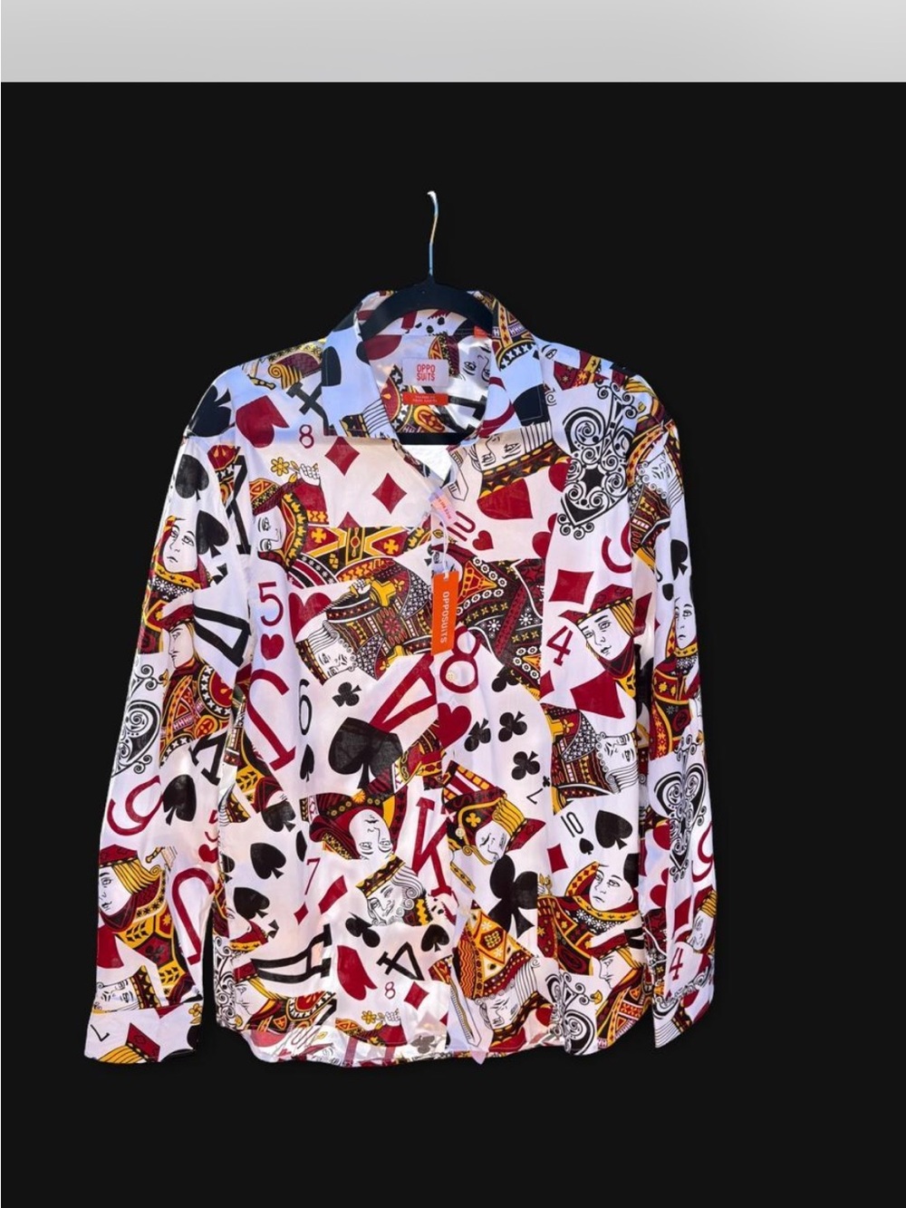 OppoSuits Men’s Playing Card Print Dress Shirt - White, Red, Black, Gold